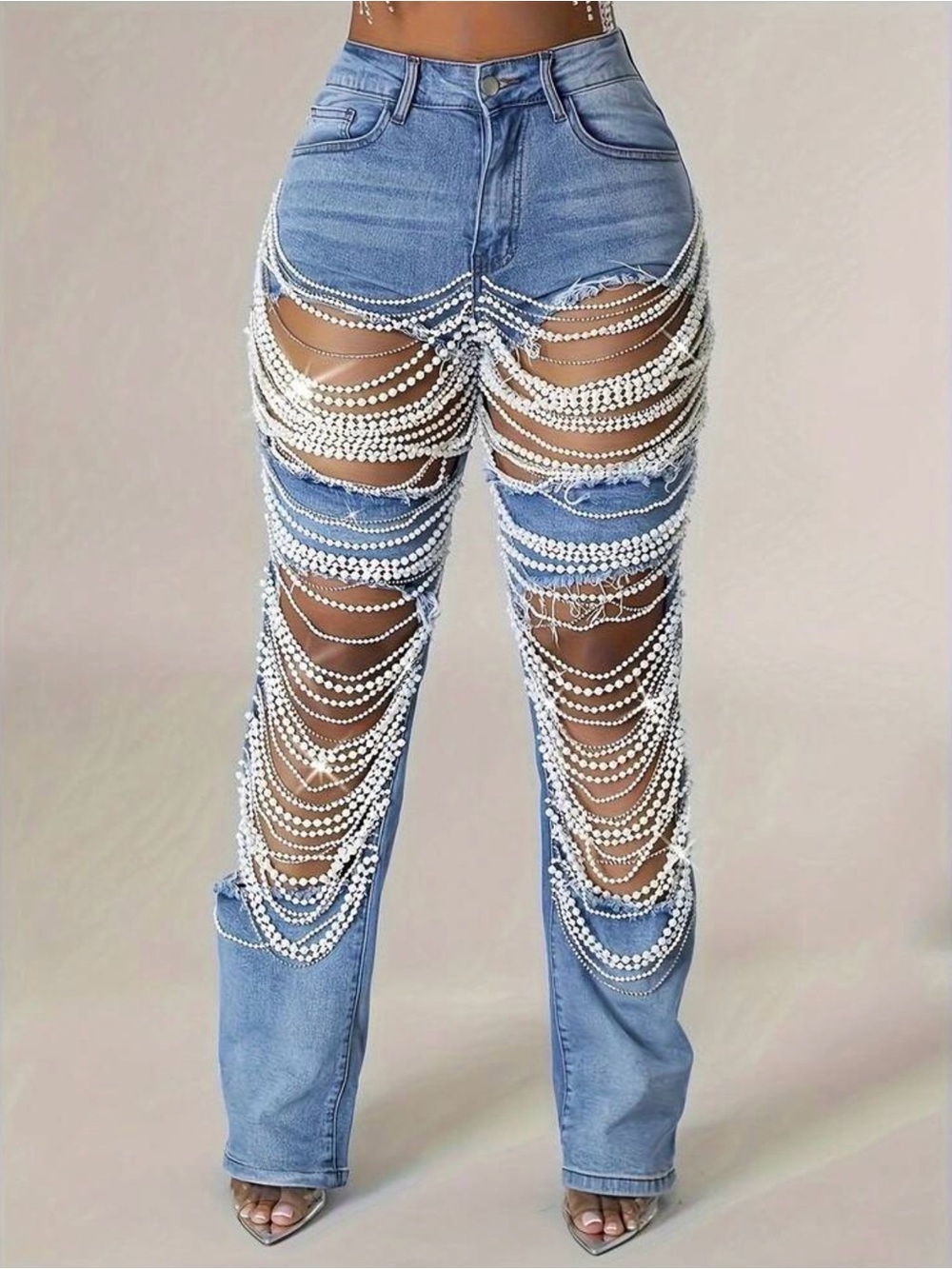 Light Blue Straight-Leg Jeans with Pearl Chain Embellishment